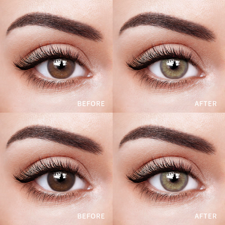 The before and after comparison of wearing 【Prescription】Meta Green Contact Lenses.